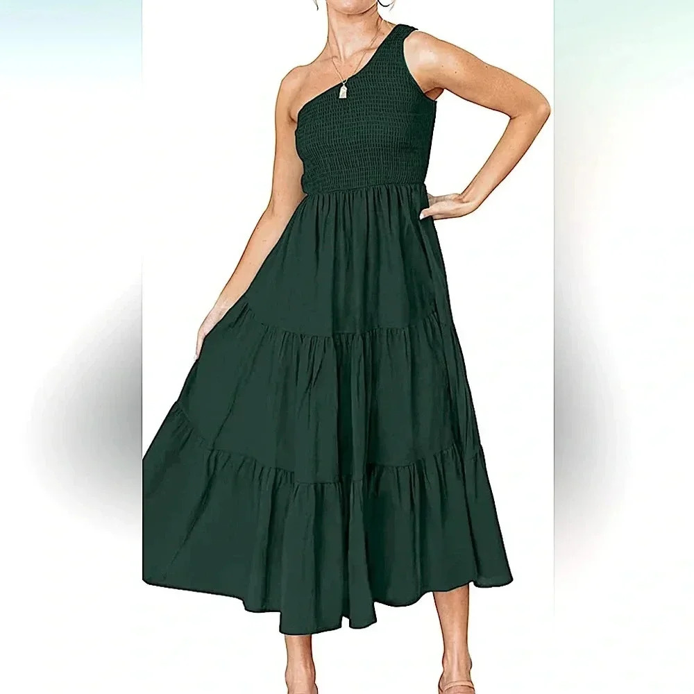 Women's Bohemian Summer One Shoulder Sleeveless Beach Long Midi Dress